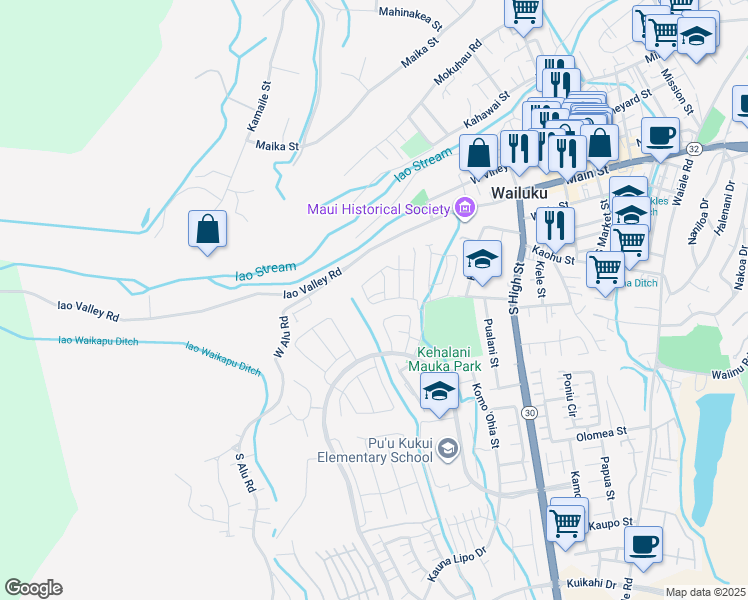 map of restaurants, bars, coffee shops, grocery stores, and more near 107 Hoolaau Street in Wailuku
