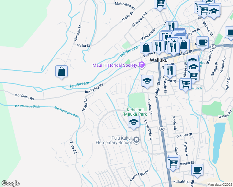 map of restaurants, bars, coffee shops, grocery stores, and more near 85 Hoolaau Street in Wailuku
