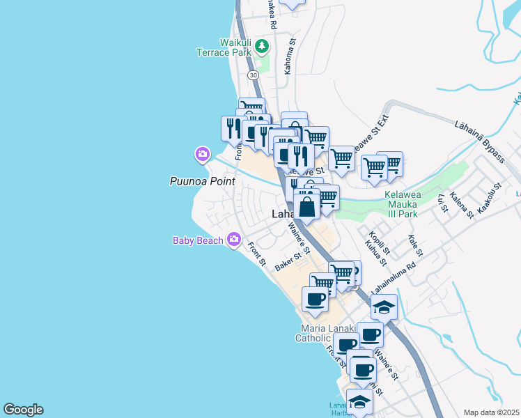 map of restaurants, bars, coffee shops, grocery stores, and more near Kahoma Village Loop in Lahaina