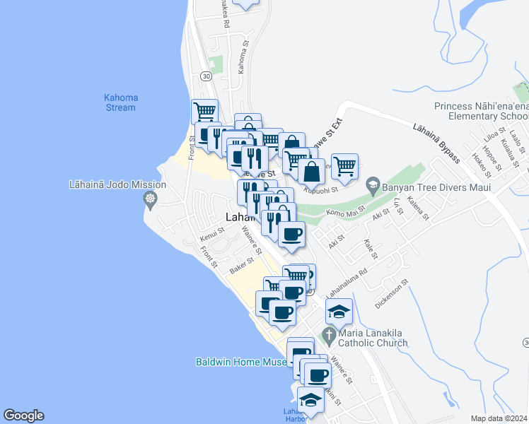 map of restaurants, bars, coffee shops, grocery stores, and more near 1233 Limahana Circle in Lahaina