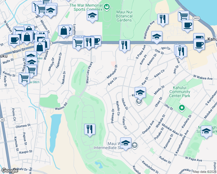 map of restaurants, bars, coffee shops, grocery stores, and more near 805 Pala Circle in Kahului
