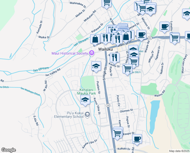 map of restaurants, bars, coffee shops, grocery stores, and more near 2263 Malako Street in Wailuku