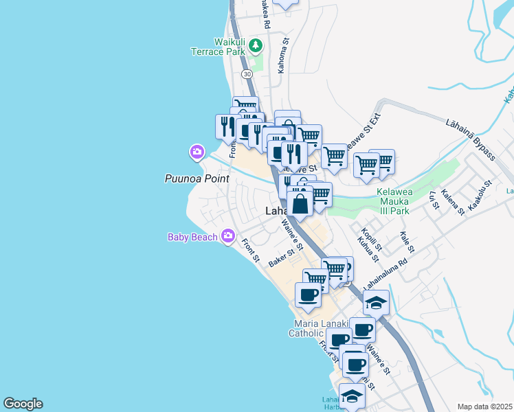 map of restaurants, bars, coffee shops, grocery stores, and more near 257 Kahoma Village Loop in Lahaina