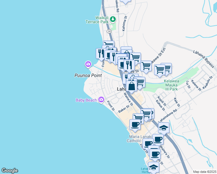 map of restaurants, bars, coffee shops, grocery stores, and more near 584 Hoe Kawele Lane in Lahaina