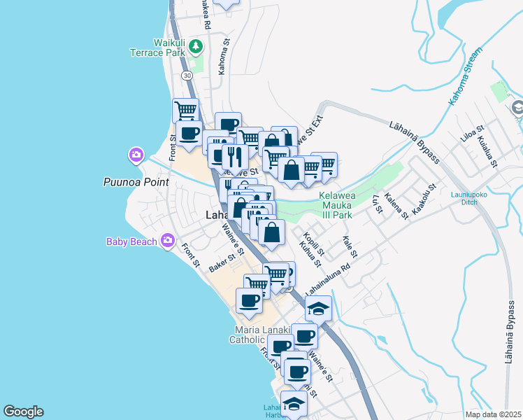 map of restaurants, bars, coffee shops, grocery stores, and more near 1660 Limahana Circle in Lahaina