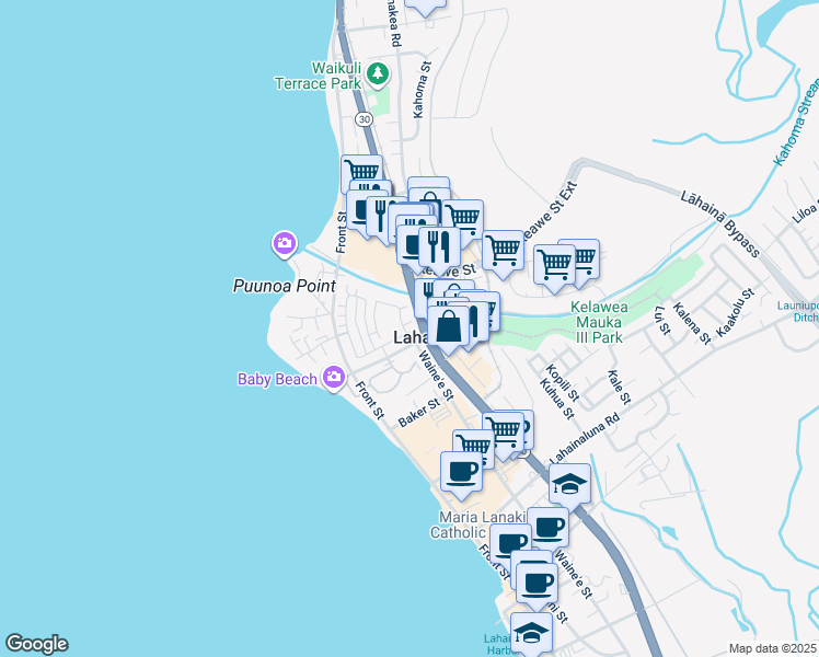 map of restaurants, bars, coffee shops, grocery stores, and more near Kahoma Street in Lahaina