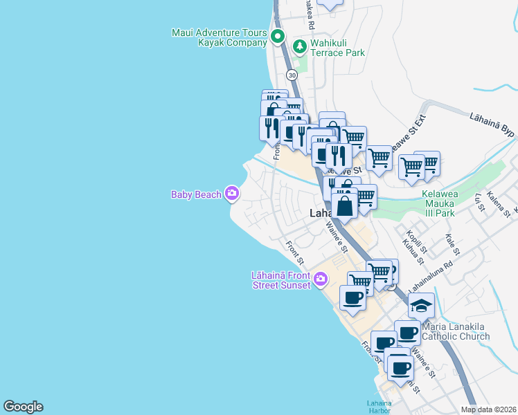 map of restaurants, bars, coffee shops, grocery stores, and more near 38 Ala Moana Street in Lahaina