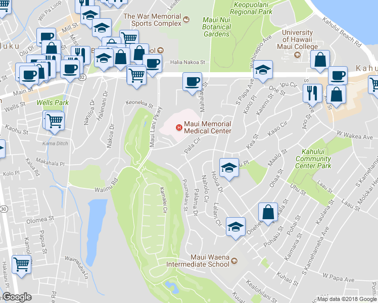 map of restaurants, bars, coffee shops, grocery stores, and more near 805 Pala Circle in Kahului