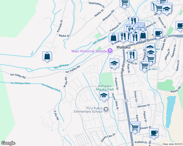 map of restaurants, bars, coffee shops, grocery stores, and more near 79 Hoolaau Street in Wailuku