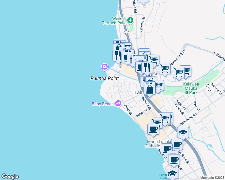 map of restaurants, bars, coffee shops, grocery stores, and more near 38 Ala Moana Street in Lahaina
