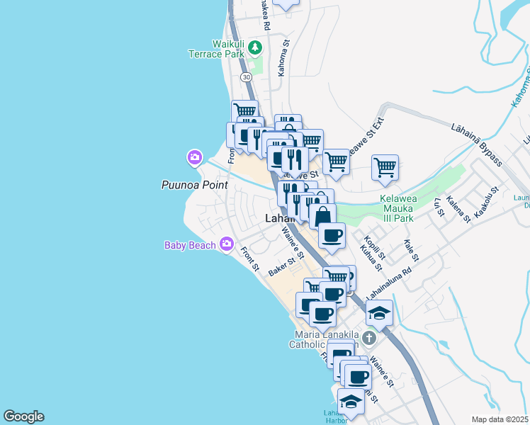 map of restaurants, bars, coffee shops, grocery stores, and more near 262 Kahoma Village Loop in Lahaina