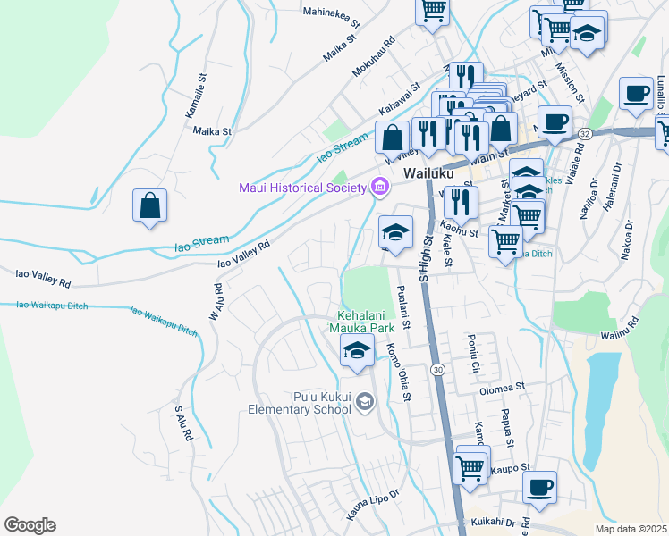 map of restaurants, bars, coffee shops, grocery stores, and more near 65 Hoolaau Street in Wailuku