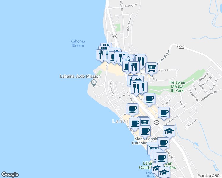 map of restaurants, bars, coffee shops, grocery stores, and more near Hoe Kawele Lane in Lahaina
