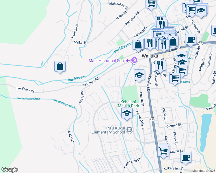 map of restaurants, bars, coffee shops, grocery stores, and more near 199 `Akepa Lane in Wailuku