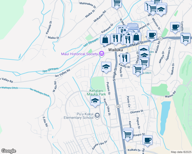 map of restaurants, bars, coffee shops, grocery stores, and more near 223 Lau Oliwa Loop in Wailuku