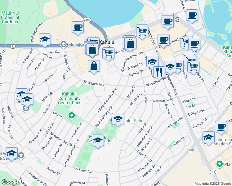 map of restaurants, bars, coffee shops, grocery stores, and more near 243 Moali Street in Kahului
