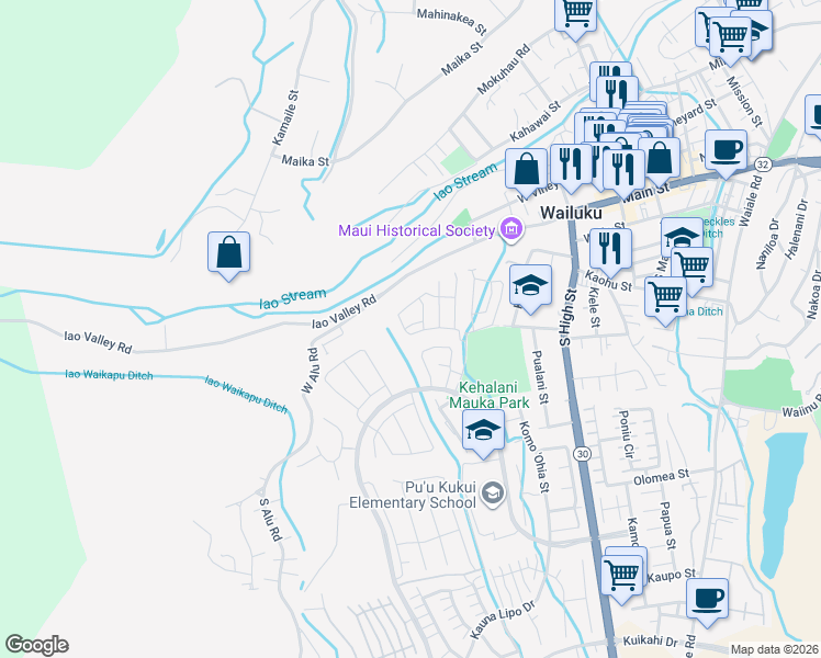 map of restaurants, bars, coffee shops, grocery stores, and more near 201 `Akepa Lane in Wailuku