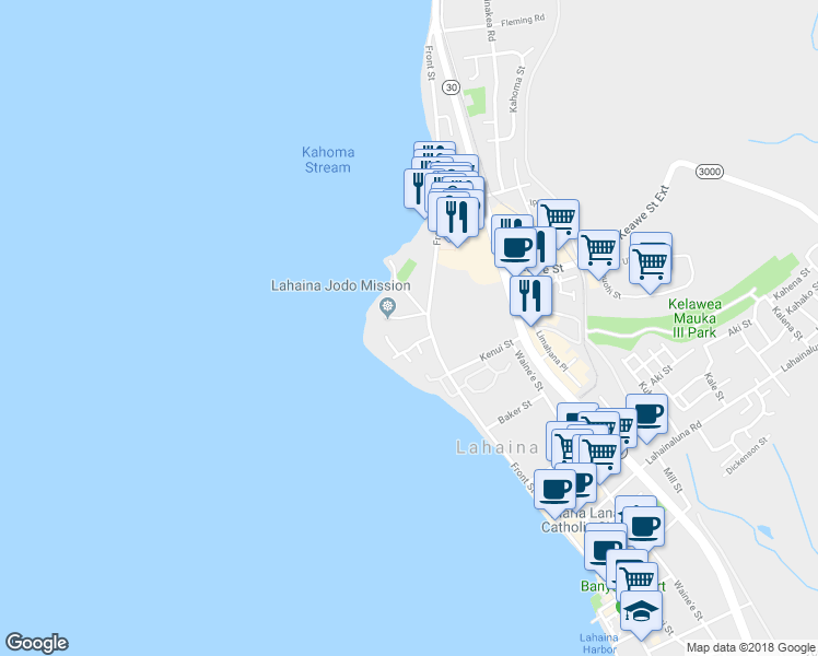 map of restaurants, bars, coffee shops, grocery stores, and more near 38 Ala Moana Street in Lahaina