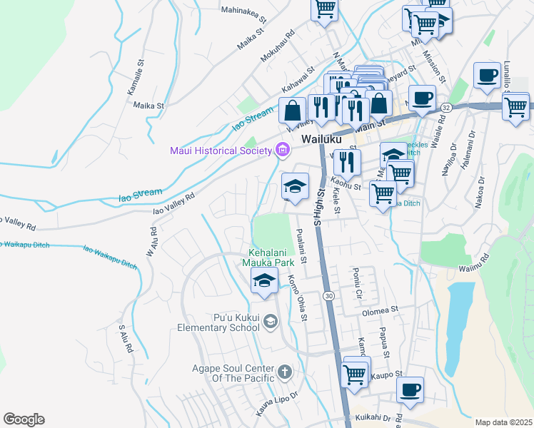 map of restaurants, bars, coffee shops, grocery stores, and more near 215 Lau Oliwa Loop in Wailuku