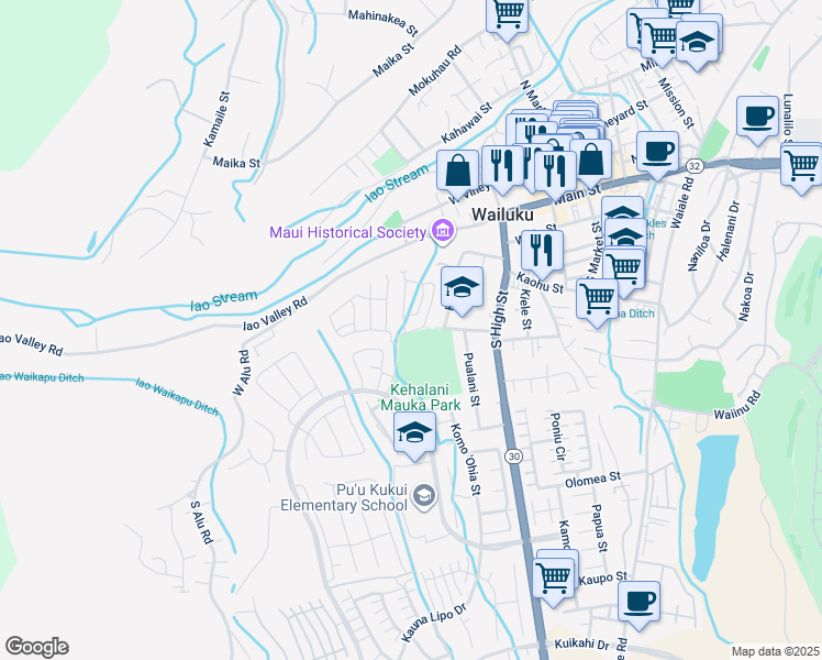 map of restaurants, bars, coffee shops, grocery stores, and more near 256 Lau Oliwa Loop in Wailuku