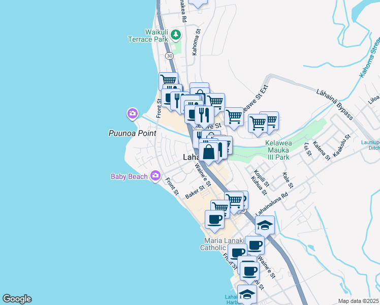 map of restaurants, bars, coffee shops, grocery stores, and more near Kahoma Street in Lahaina