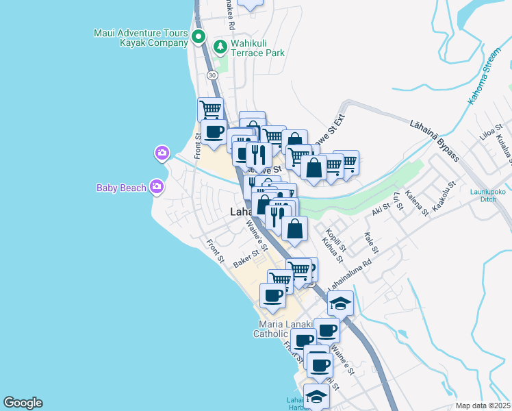 map of restaurants, bars, coffee shops, grocery stores, and more near 1233 Limahana Circle in Lahaina