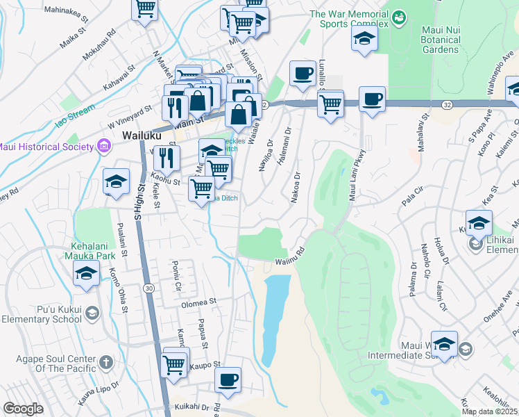 map of restaurants, bars, coffee shops, grocery stores, and more near 338 Naniloa Drive in Wailuku