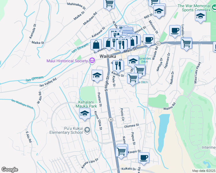map of restaurants, bars, coffee shops, grocery stores, and more near 355 South High Street in Wailuku
