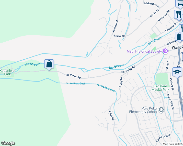 map of restaurants, bars, coffee shops, grocery stores, and more near 280 Iao Valley Road in Wailuku