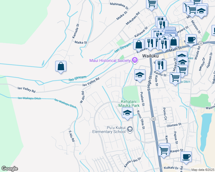 map of restaurants, bars, coffee shops, grocery stores, and more near 195 `Akepa Lane in Wailuku