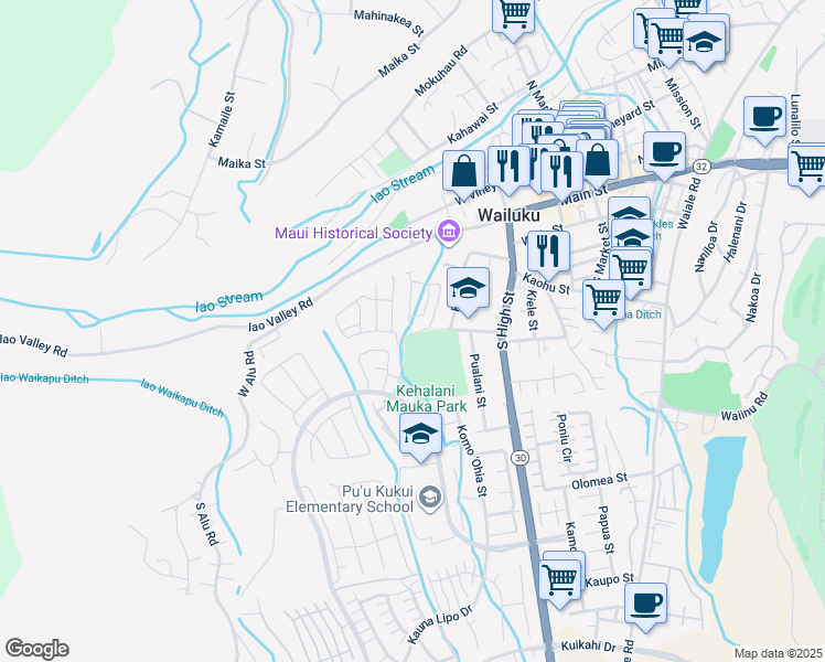 map of restaurants, bars, coffee shops, grocery stores, and more near 258 Lau Oliwa Loop in Wailuku
