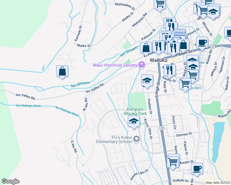 map of restaurants, bars, coffee shops, grocery stores, and more near 90 Hoolaau Street in Wailuku