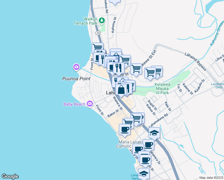 map of restaurants, bars, coffee shops, grocery stores, and more near Kahoma Street in Lahaina
