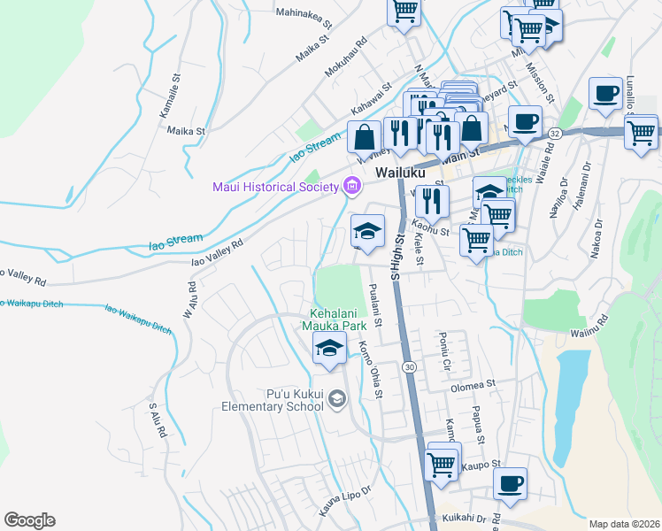 map of restaurants, bars, coffee shops, grocery stores, and more near 252 Lau Oliwa Loop in Wailuku
