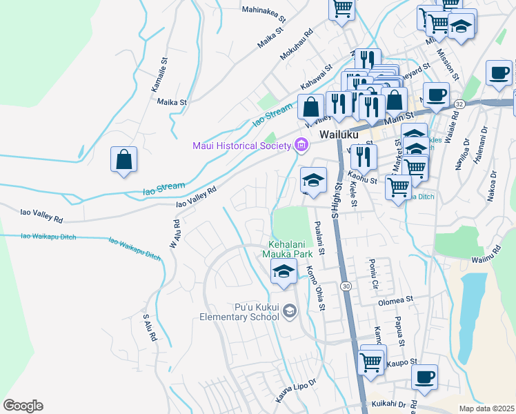 map of restaurants, bars, coffee shops, grocery stores, and more near 75 Hoolaau Street in Wailuku