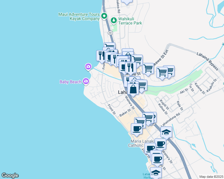 map of restaurants, bars, coffee shops, grocery stores, and more near 382 Kahoma Village Loop in Lahaina