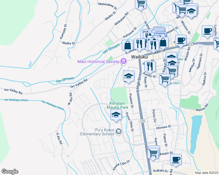 map of restaurants, bars, coffee shops, grocery stores, and more near 20 Kakawahie Street in Wailuku