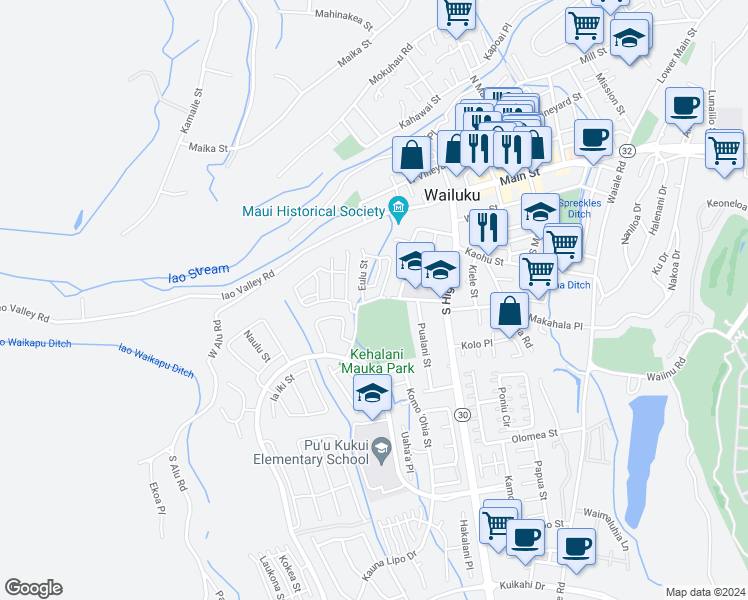 map of restaurants, bars, coffee shops, grocery stores, and more near 245 Lau Oliwa Loop in Wailuku