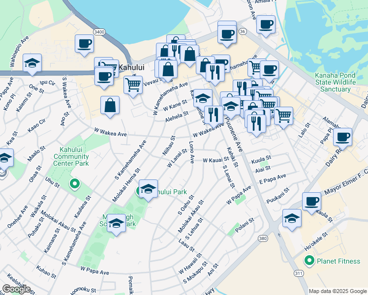 map of restaurants, bars, coffee shops, grocery stores, and more near 170 West Lanai Street in Kahului