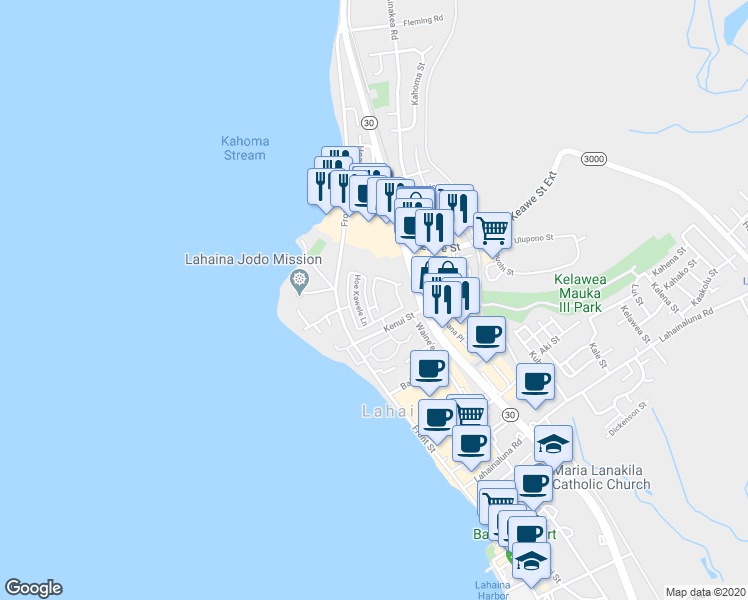 map of restaurants, bars, coffee shops, grocery stores, and more near Kahoma Village Loop in Lahaina