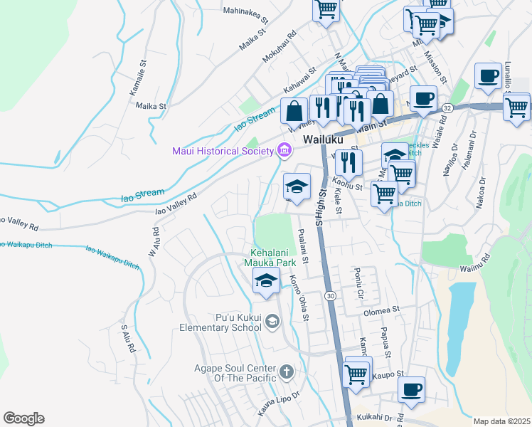 map of restaurants, bars, coffee shops, grocery stores, and more near 252 Lau Oliwa Loop in Wailuku