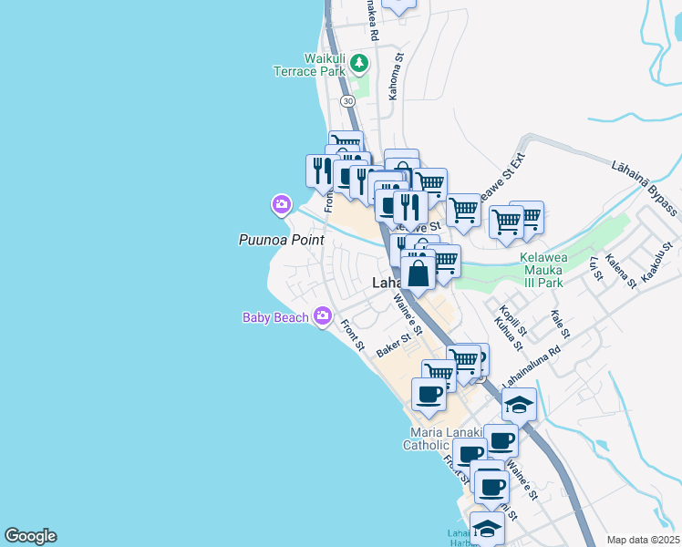 map of restaurants, bars, coffee shops, grocery stores, and more near 631 Hoe Kawele Lane in Lahaina