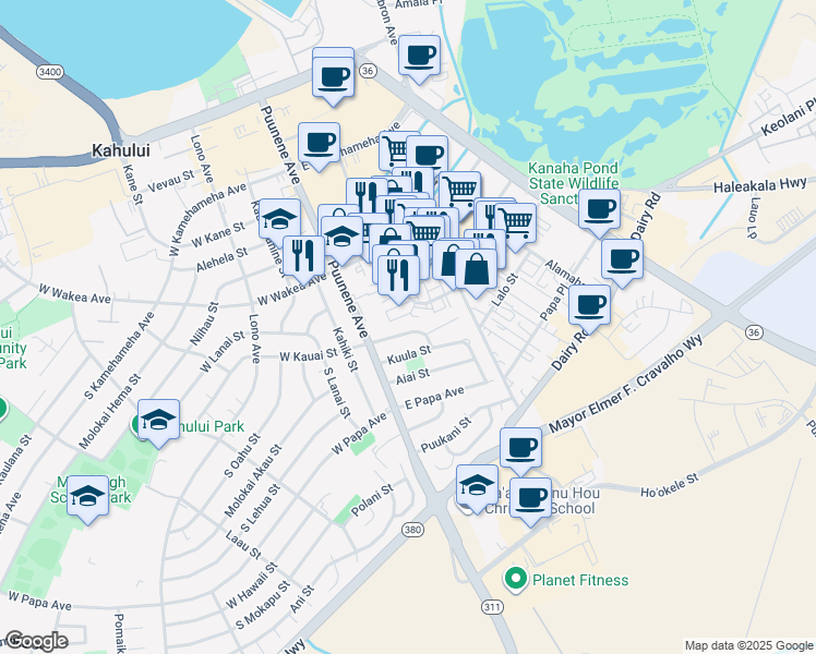 map of restaurants, bars, coffee shops, grocery stores, and more near 61 East Kauai Street in Kahului