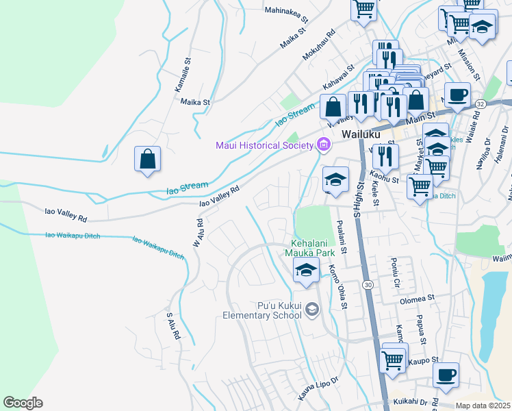 map of restaurants, bars, coffee shops, grocery stores, and more near 109 Hoolaau Street in Wailuku