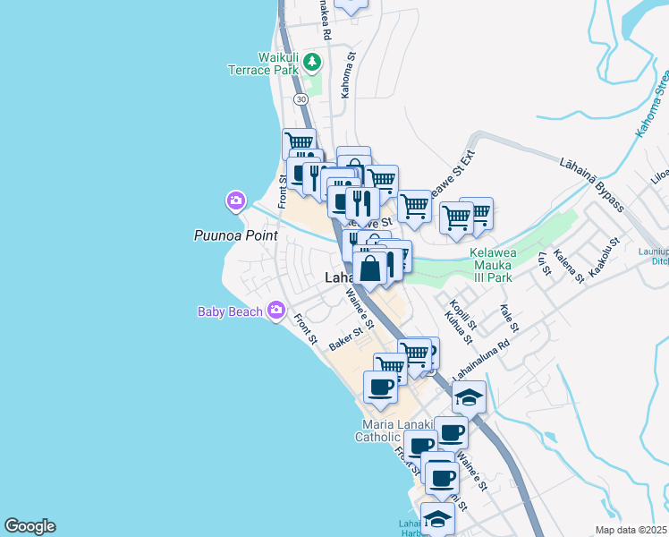 map of restaurants, bars, coffee shops, grocery stores, and more near 268 Kahoma Village Loop in Lahaina