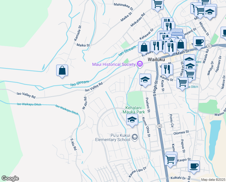 map of restaurants, bars, coffee shops, grocery stores, and more near 199 `Akepa Lane in Wailuku