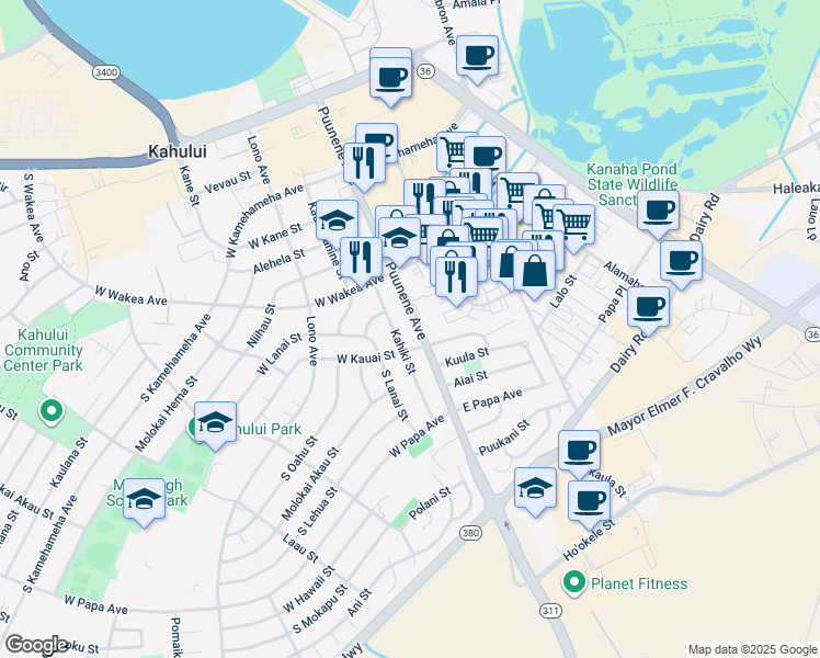 map of restaurants, bars, coffee shops, grocery stores, and more near 330 Puunene Avenue in Kahului
