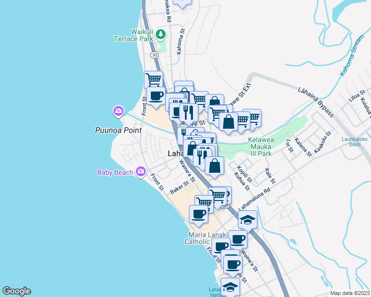 map of restaurants, bars, coffee shops, grocery stores, and more near 1155 Limahana Circle in Lahaina