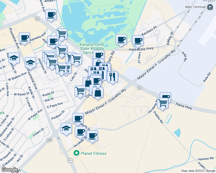 map of restaurants, bars, coffee shops, grocery stores, and more near 356 Ala Makani St in Kahului