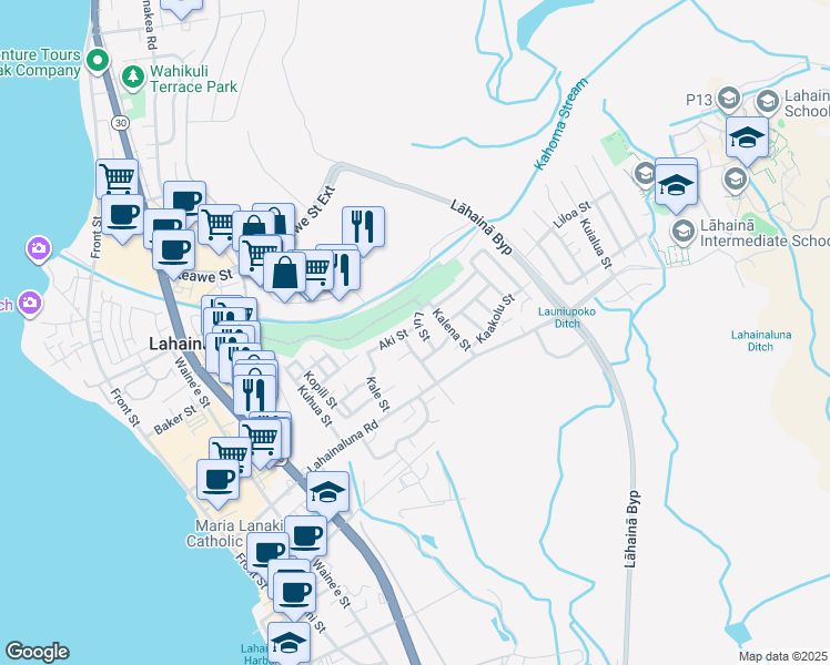 map of restaurants, bars, coffee shops, grocery stores, and more near 516 Aki Street in Lahaina